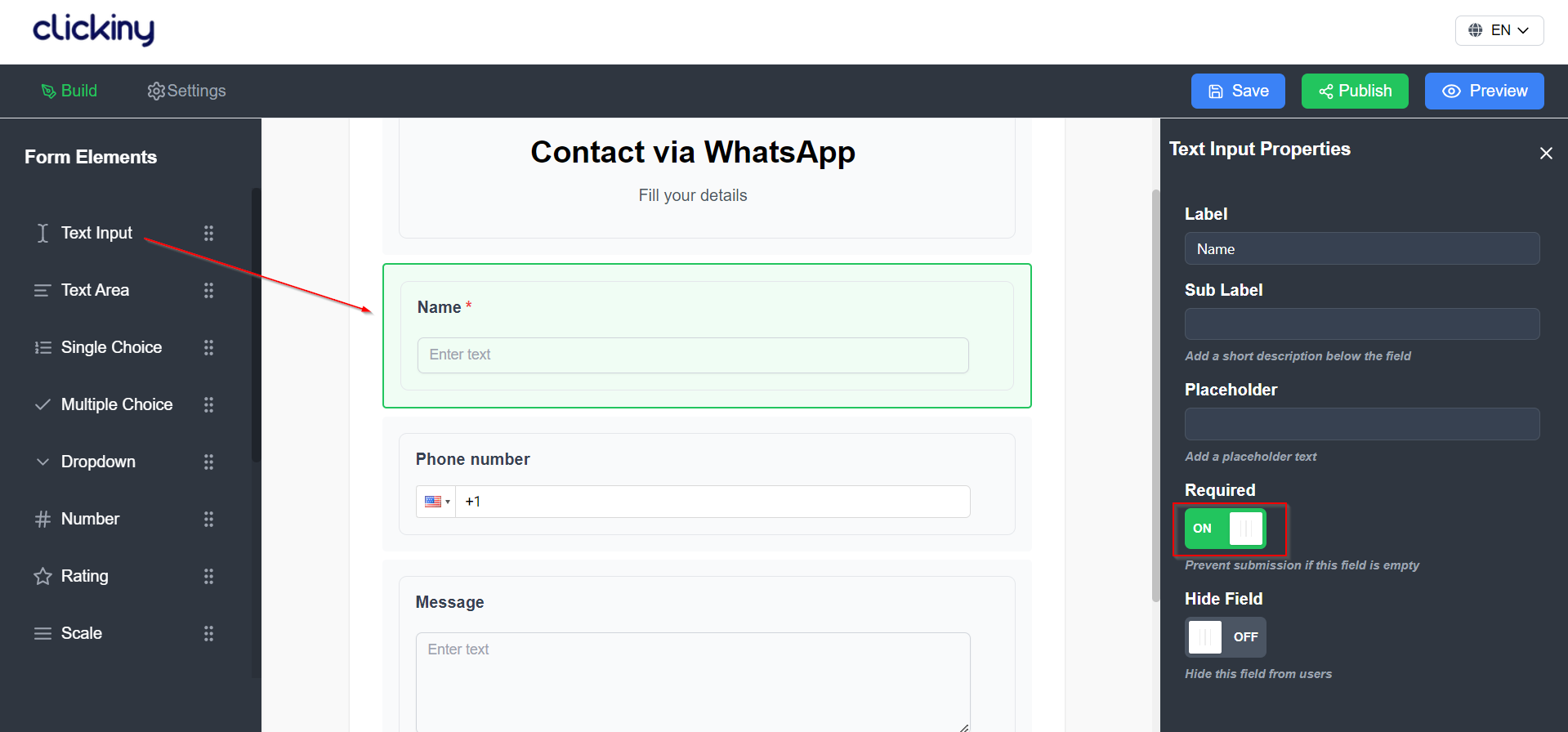 Clickiny contact form to whatsapp editor