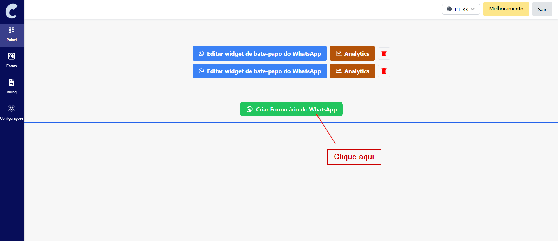 Clique em criar formulário whatsapp
