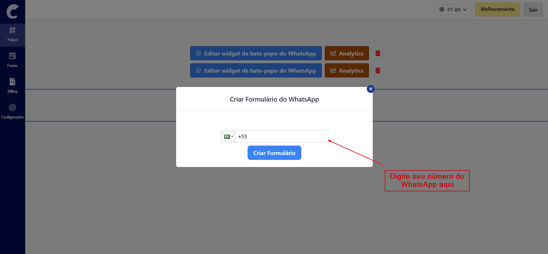 Clique em criar formulário whatsapp