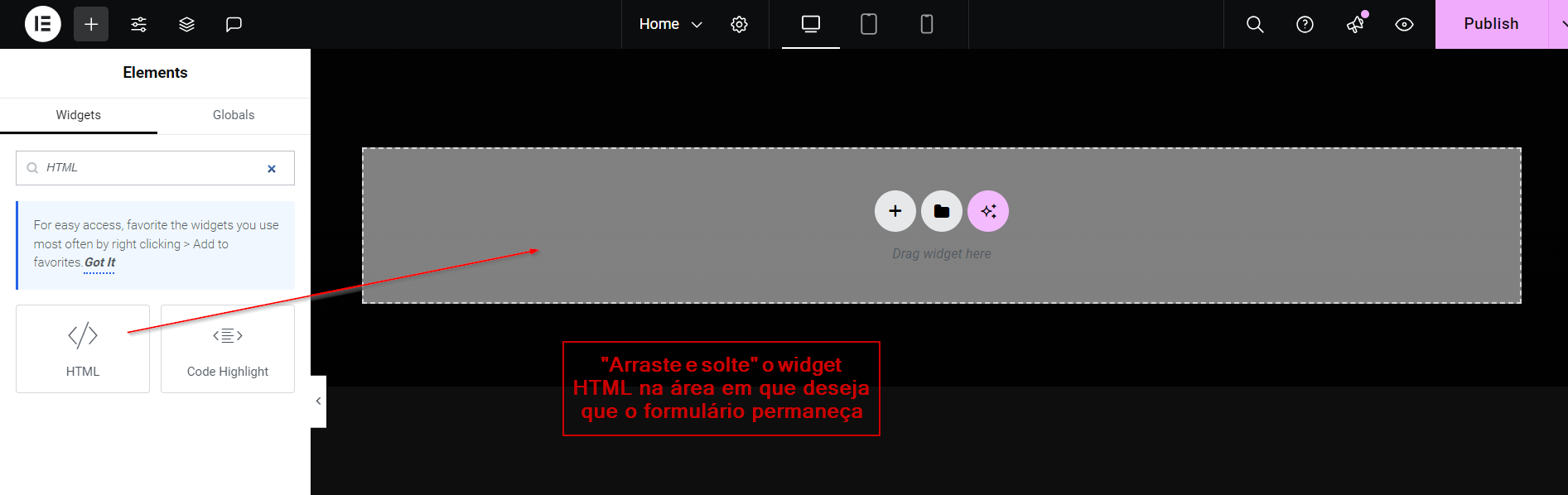 Arraste e solte o widget HTML no construtor Elementor