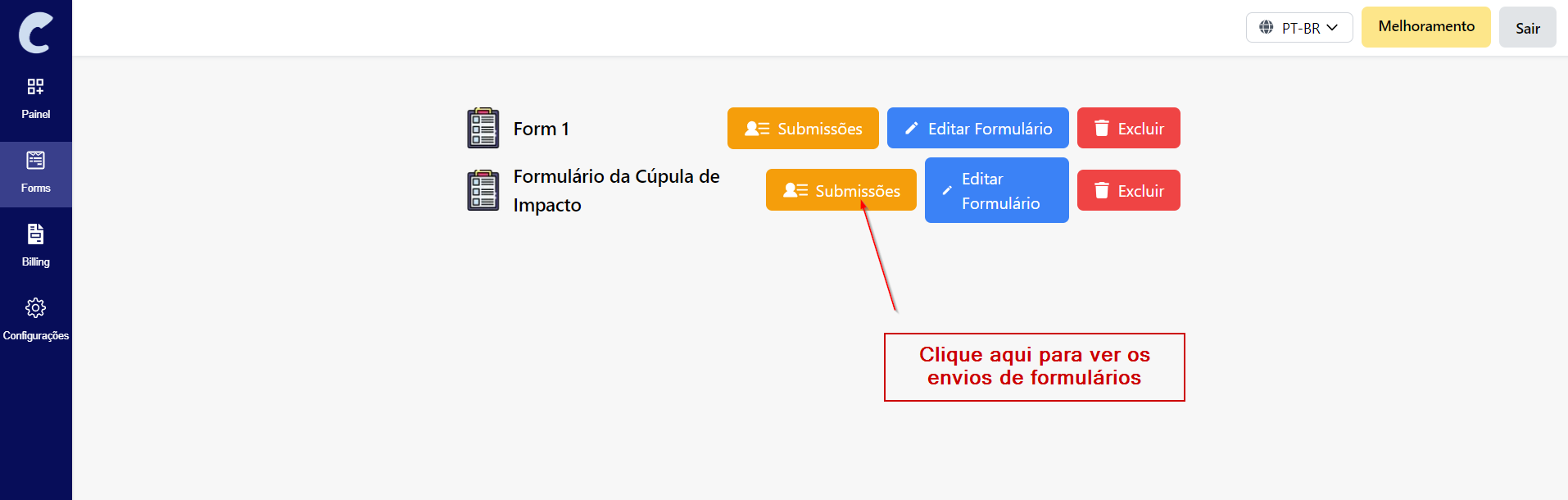 Clique | Clique para ver os envios de formulários