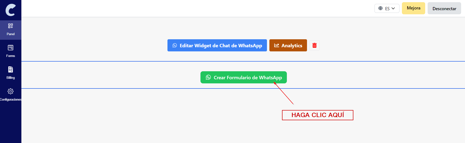 Haz clic en crear formulario de whatsapp