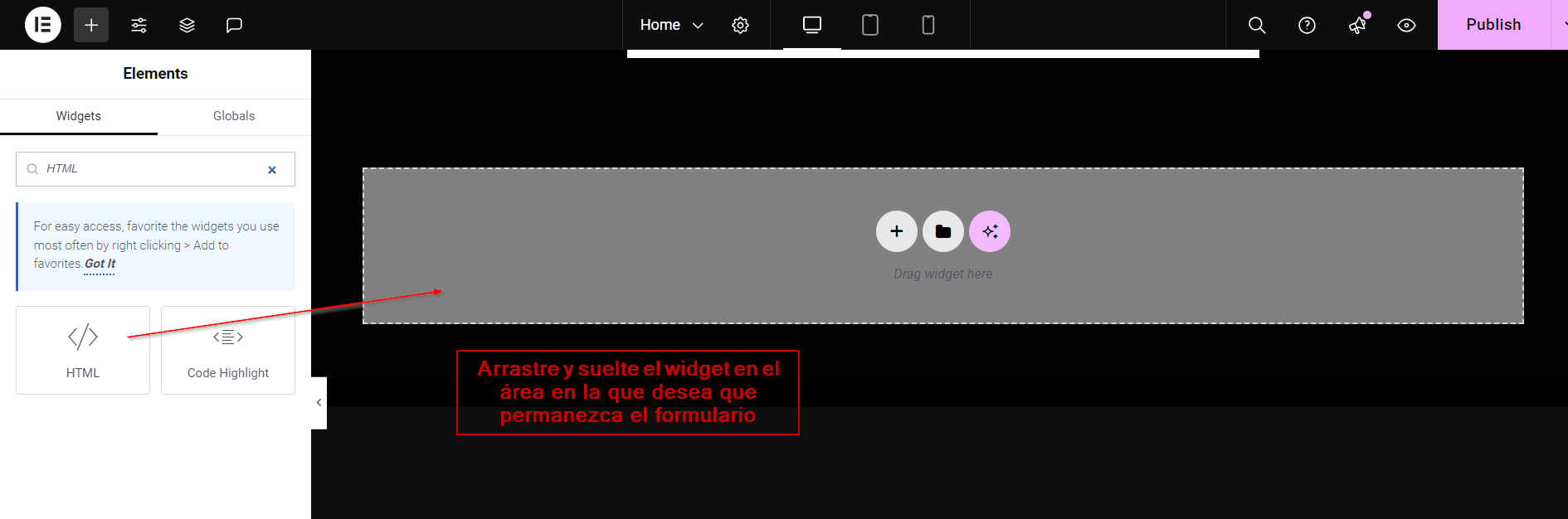 Arrastrar y soltar el widget HTML en la constructora de Elementor