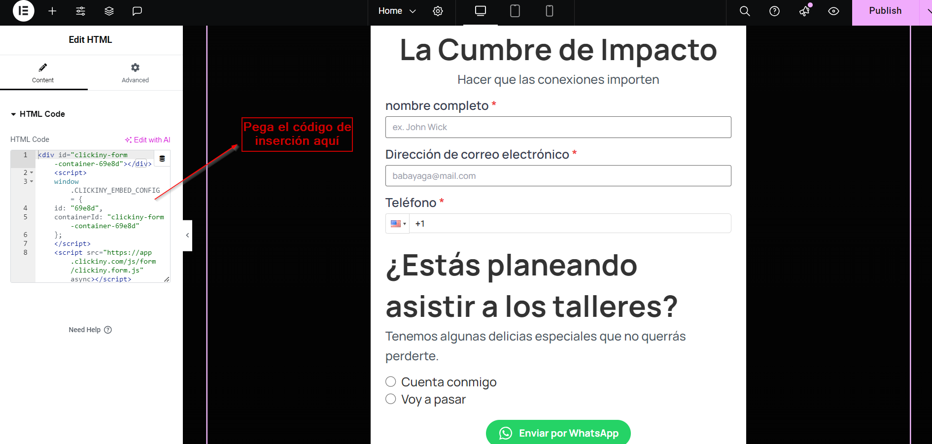 Pegue el código de inserción en el cuadro HTML del formulario de Elementor en WhatsApp para que aparezca